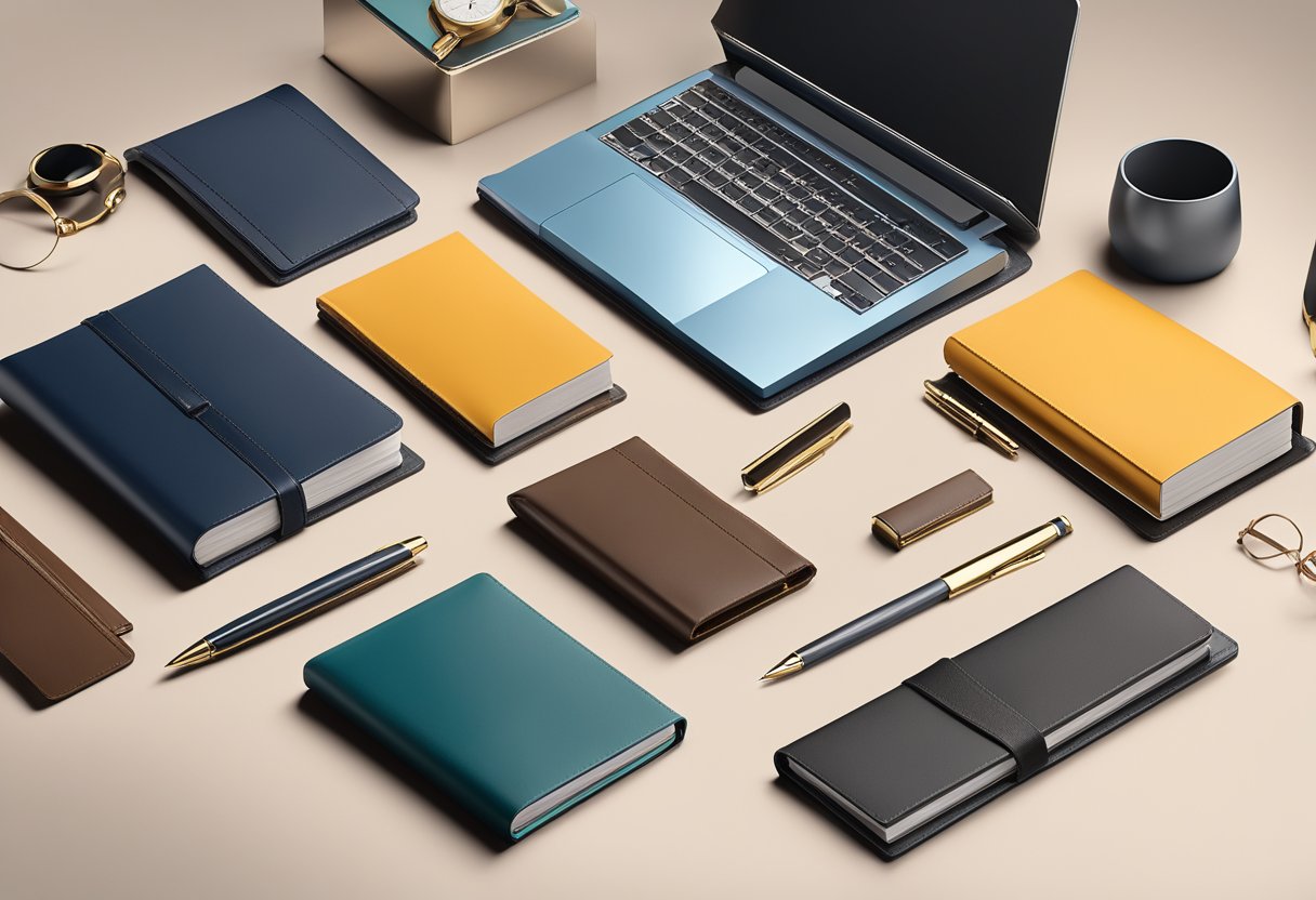 A sleek, modern office desk adorned with luxury corporate gifts: elegant leather notebooks, high-end pens, and polished metal desk accessories