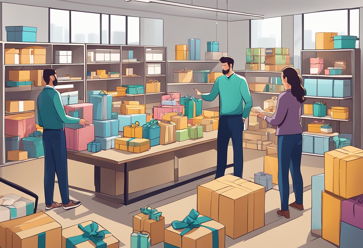Employees unpacking boxes of branded gifts in a modern office setting. Shelves filled with various corporate gift options