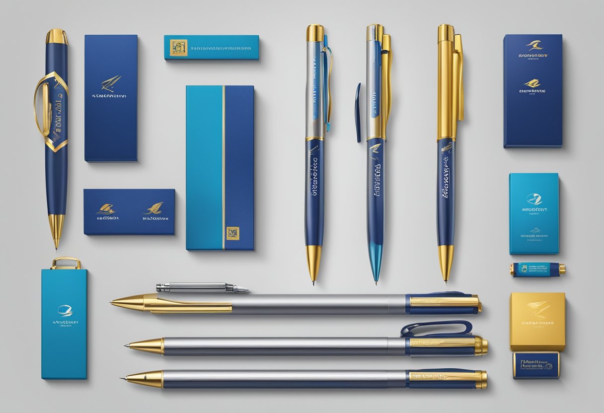 A table displays branded pens, boxes, and ribbons. Company logos adorn the pens, which are neatly arranged for a corporate event