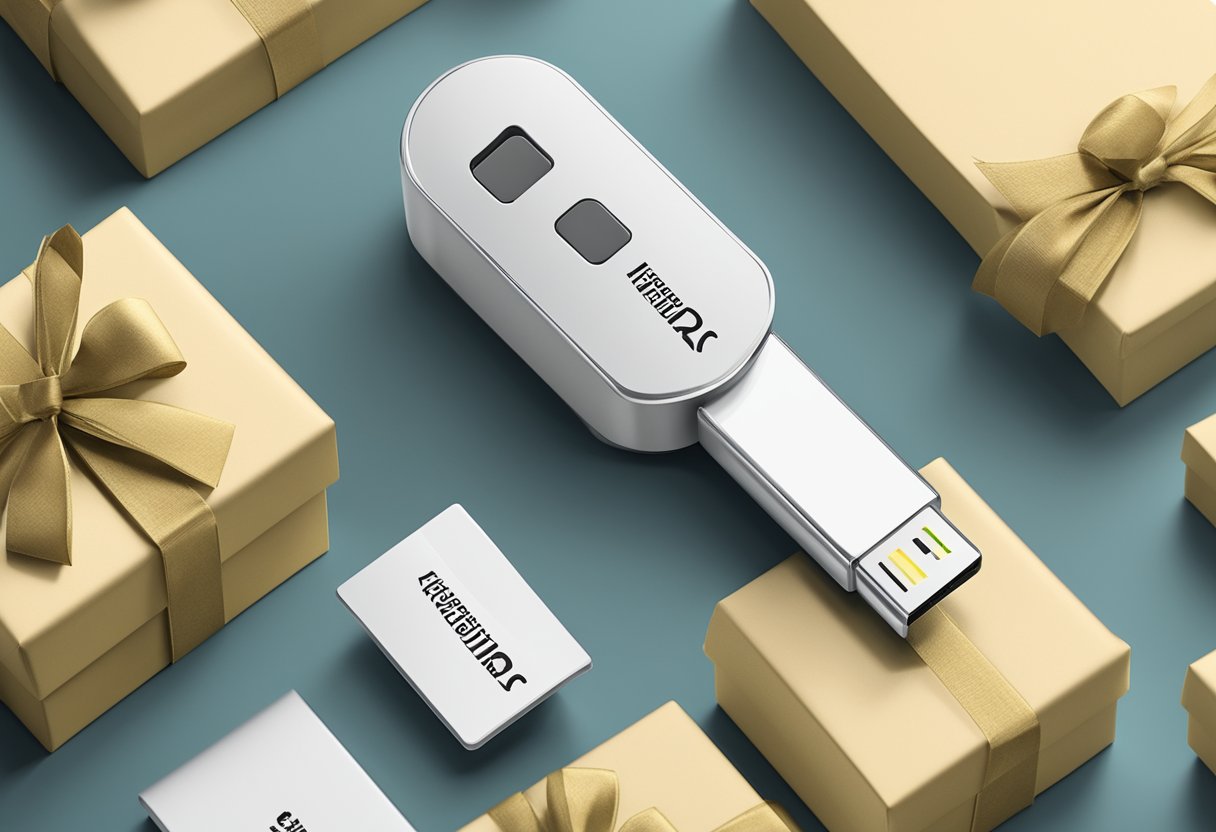 A thumb drive surrounded by a stack of corporate gift boxes with a "Frequently Asked Questions" label