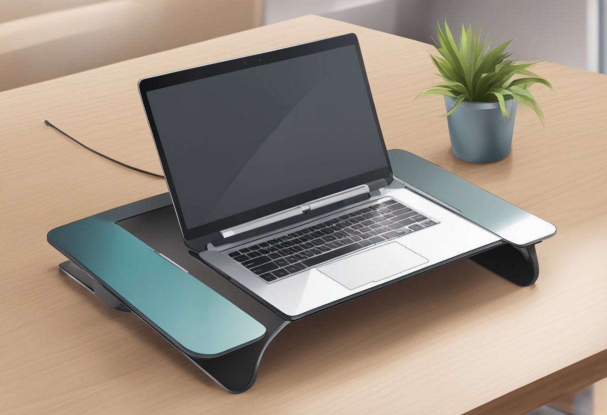 A laptop stand sits on a desk, angled slightly towards the user. The laptop is open and placed securely on the stand, ready for use