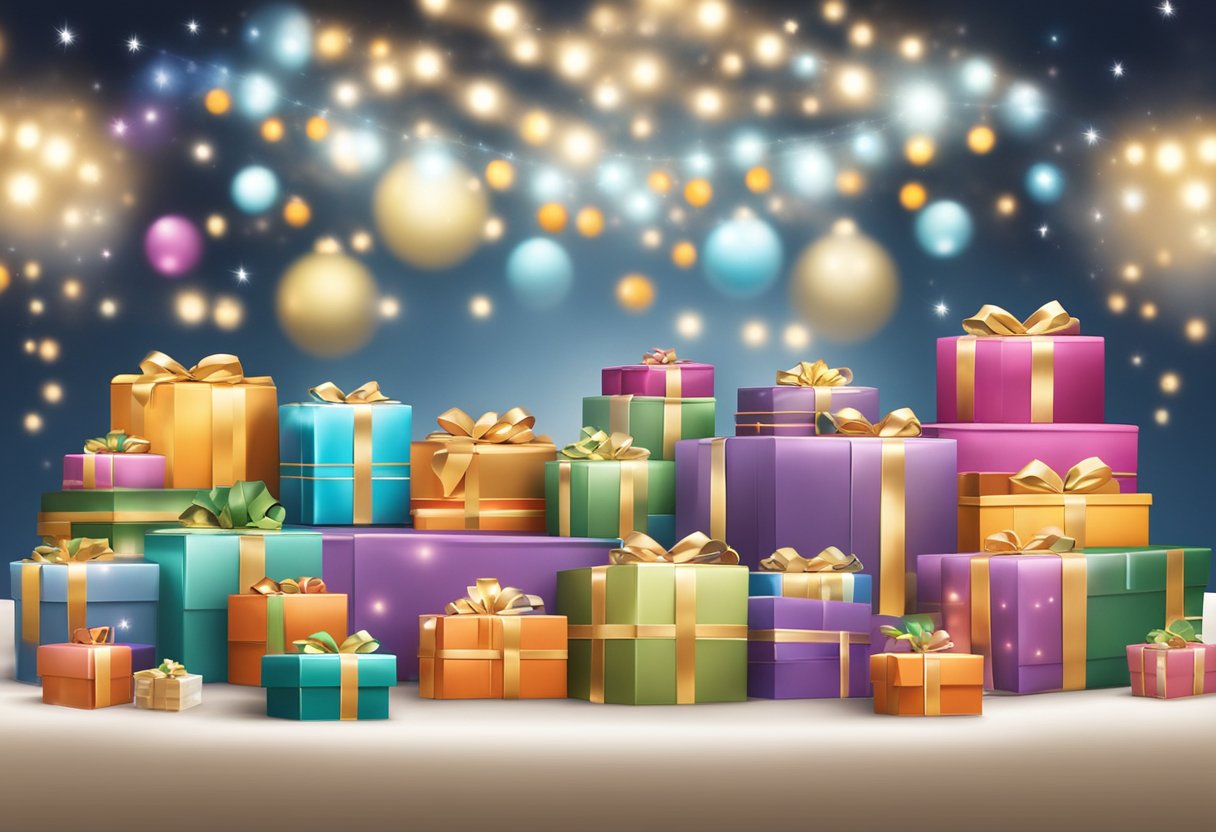 A table displays assorted gift boxes and baskets, branded with the company logo. A festive backdrop and twinkling lights add to the holiday atmosphere