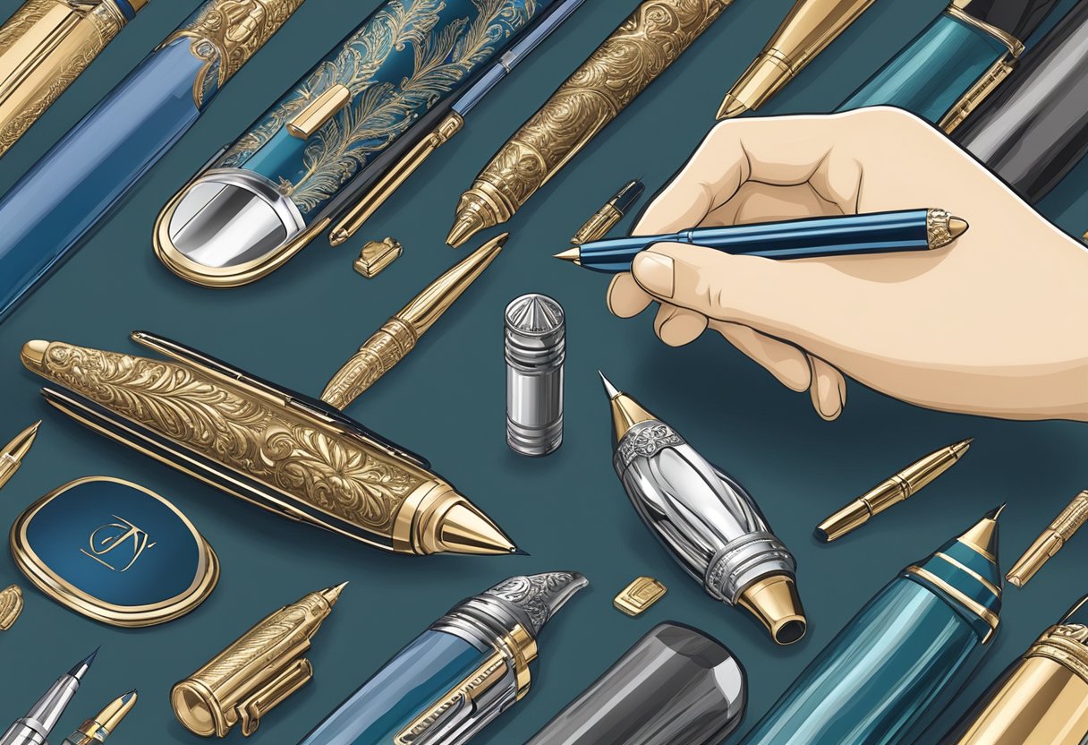 A hand reaches for a sleek, metallic pen on a velvet-lined display. The pen is engraved with a company logo, surrounded by other luxury pens