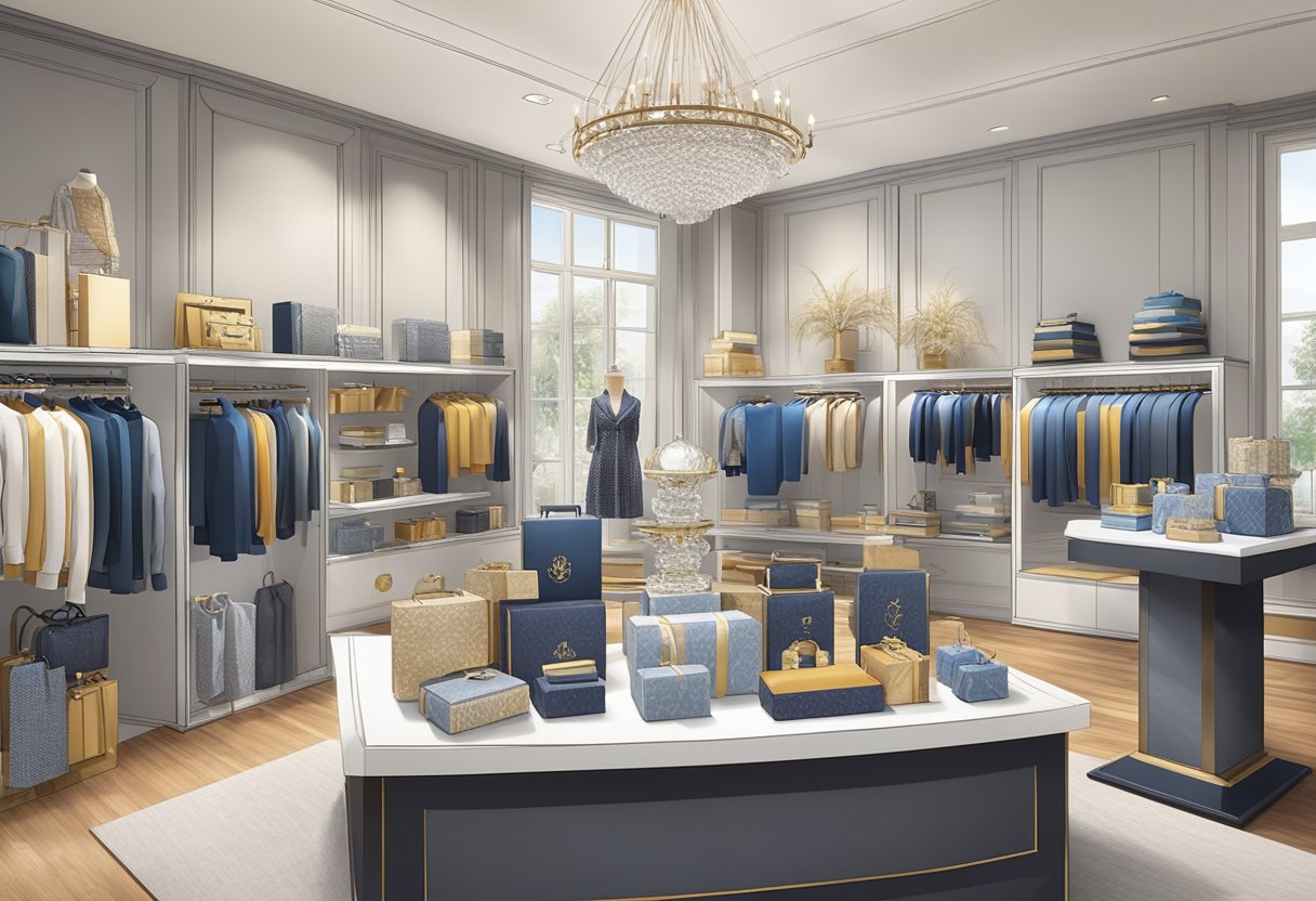 A table filled with various corporate gifts, including branded merchandise and luxury items, displayed in an elegant showroom