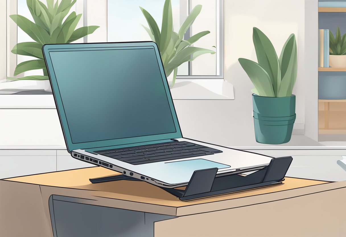A laptop stand sits on a desk, angled to improve posture. It supports the laptop, reducing strain on the neck and back