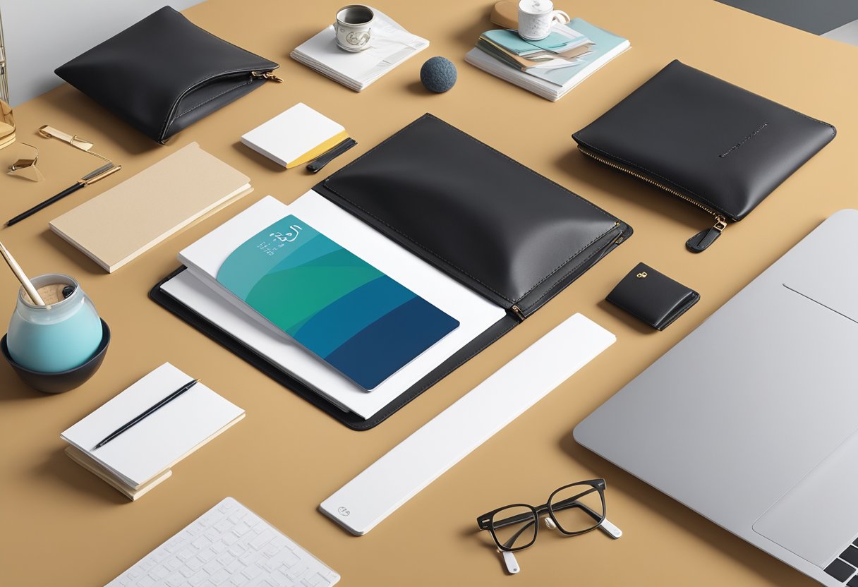 A hand reaches for a sleek PU leather document pouch among a selection of corporate gifts from a supplier. The pouch is displayed on a clean, modern desk, with other gift options neatly arranged nearby