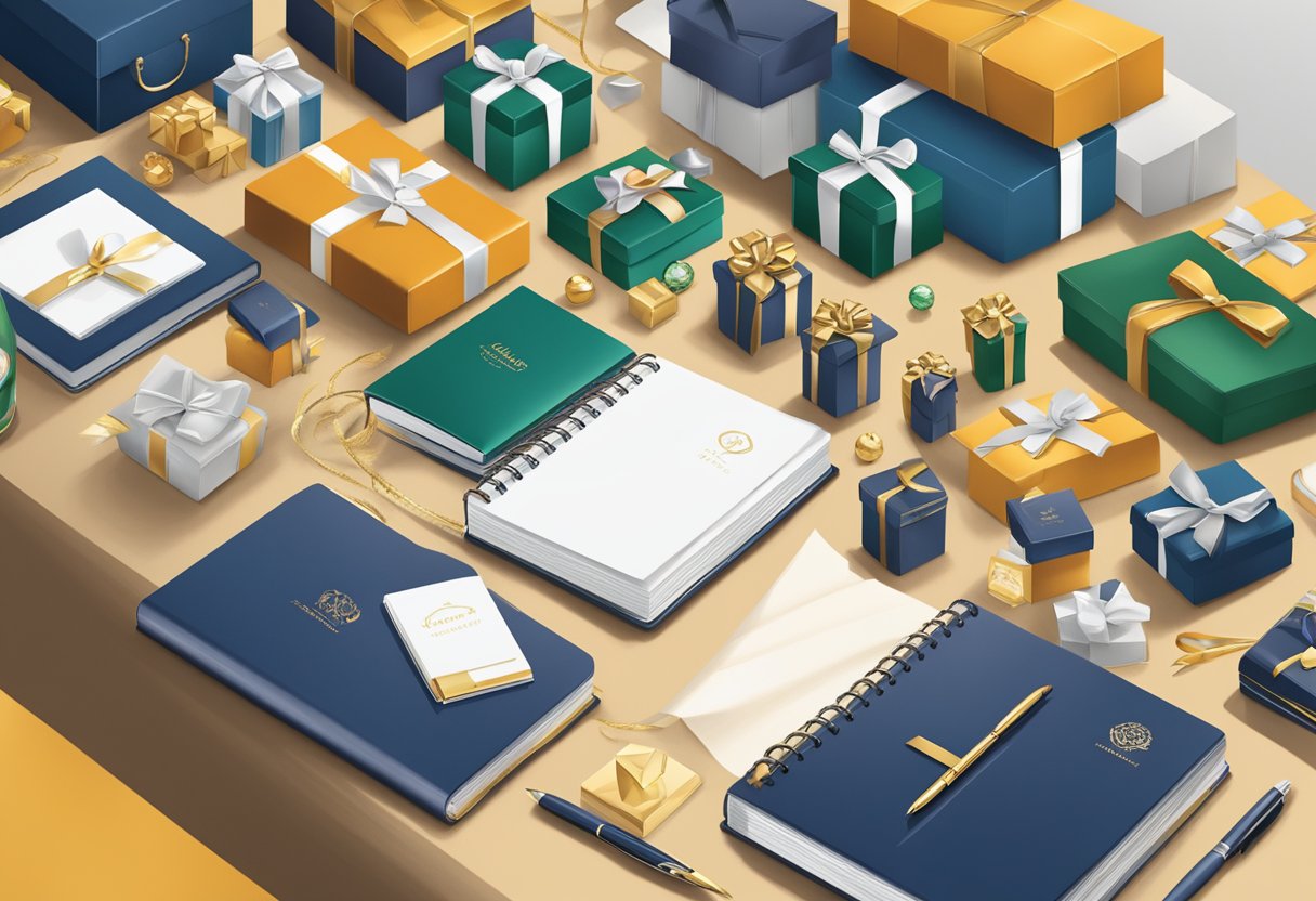 A table displays an array of elegant corporate holiday gifts, including branded notebooks, luxury pens, and gourmet gift baskets