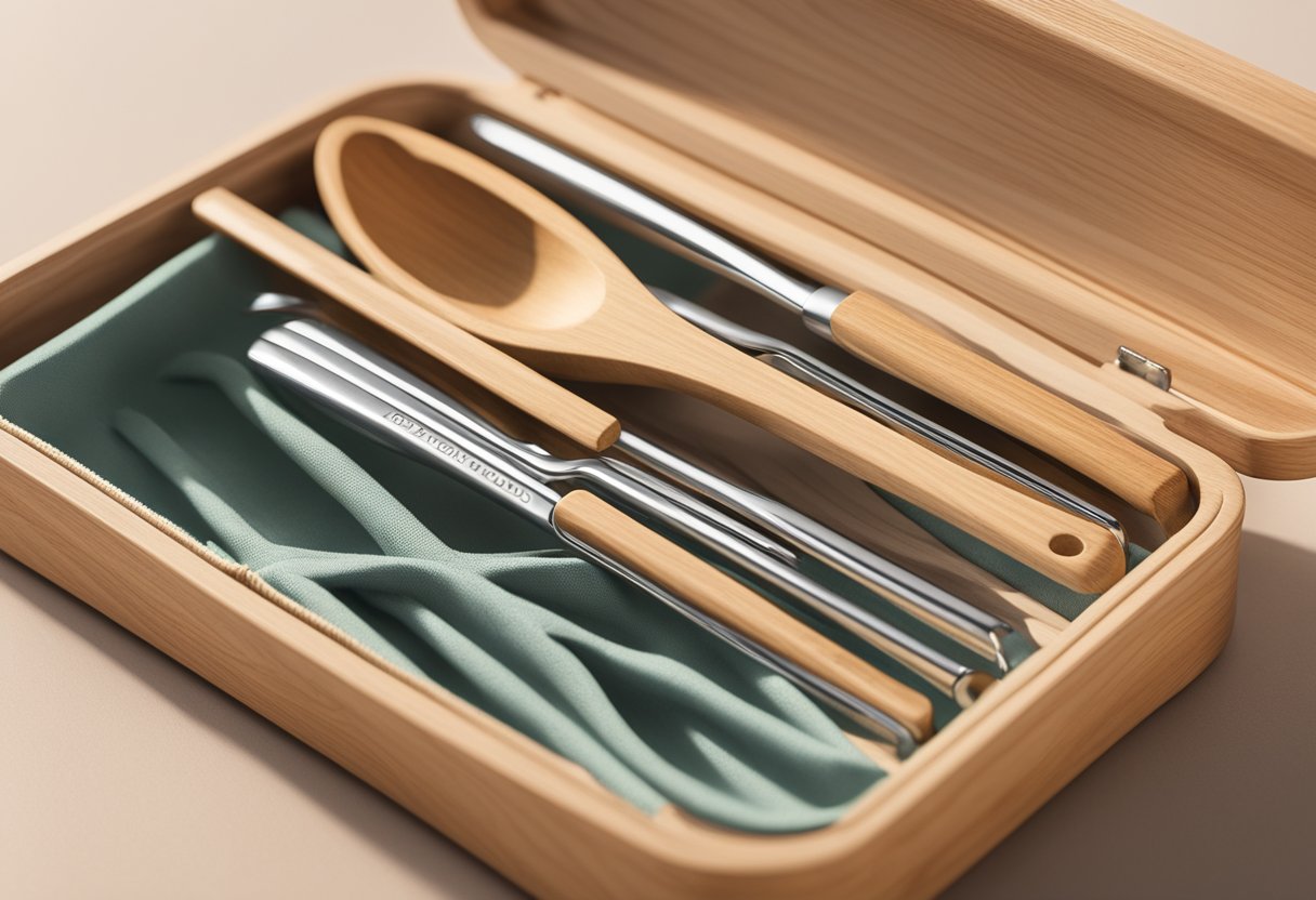 A set of reusable utensils, including a metal straw, bamboo fork, and spoon, neatly arranged in a sleek, eco-friendly case. A corporate logo is subtly engraved on the case
