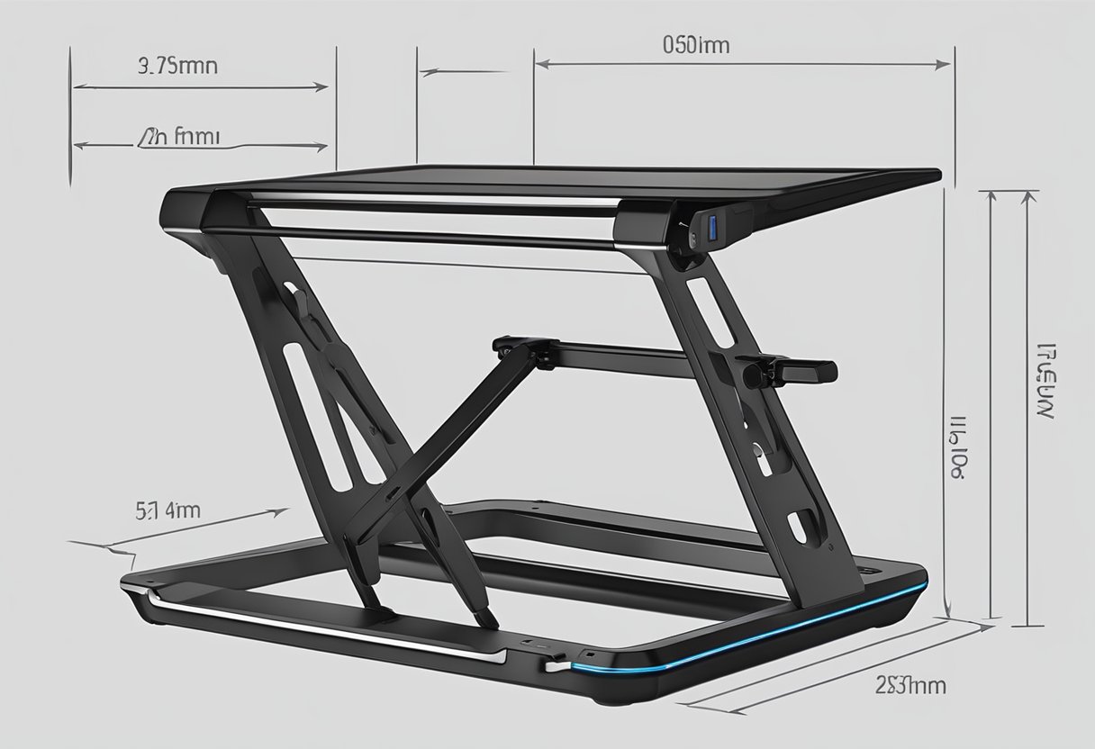 A laptop stand with adjustable height and angle, made of sturdy metal, with rubber grips and a built-in cooling fan