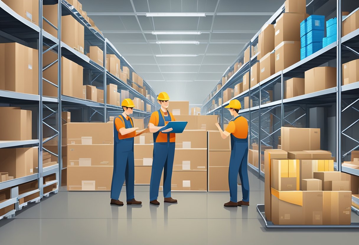 Corporate gifts suppliers busy packaging and organizing various items in a warehouse setting, with shelves filled with products and a conveyor belt in the background