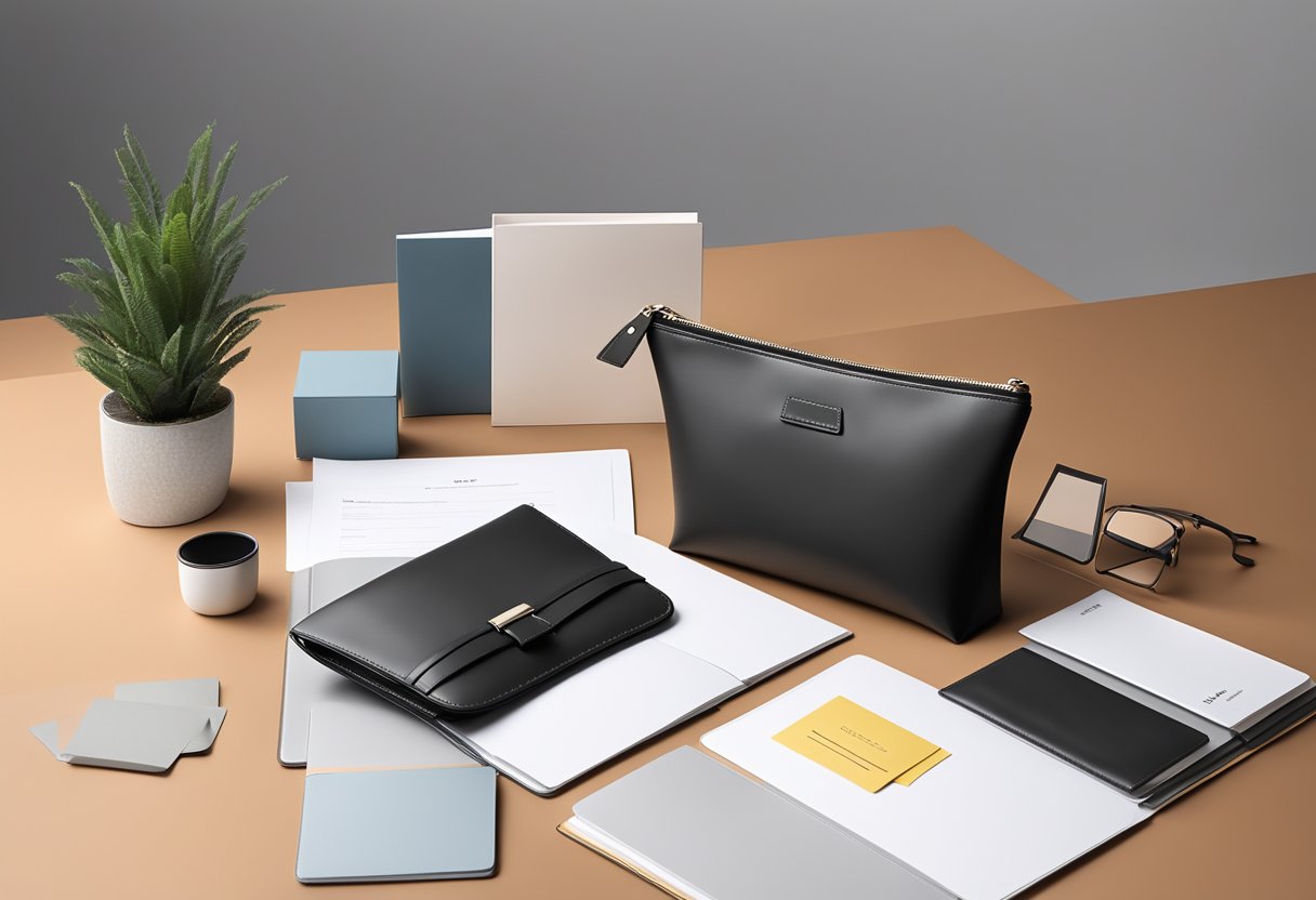 A sleek pu leather document pouch displayed on a polished desk, surrounded by various corporate gift options