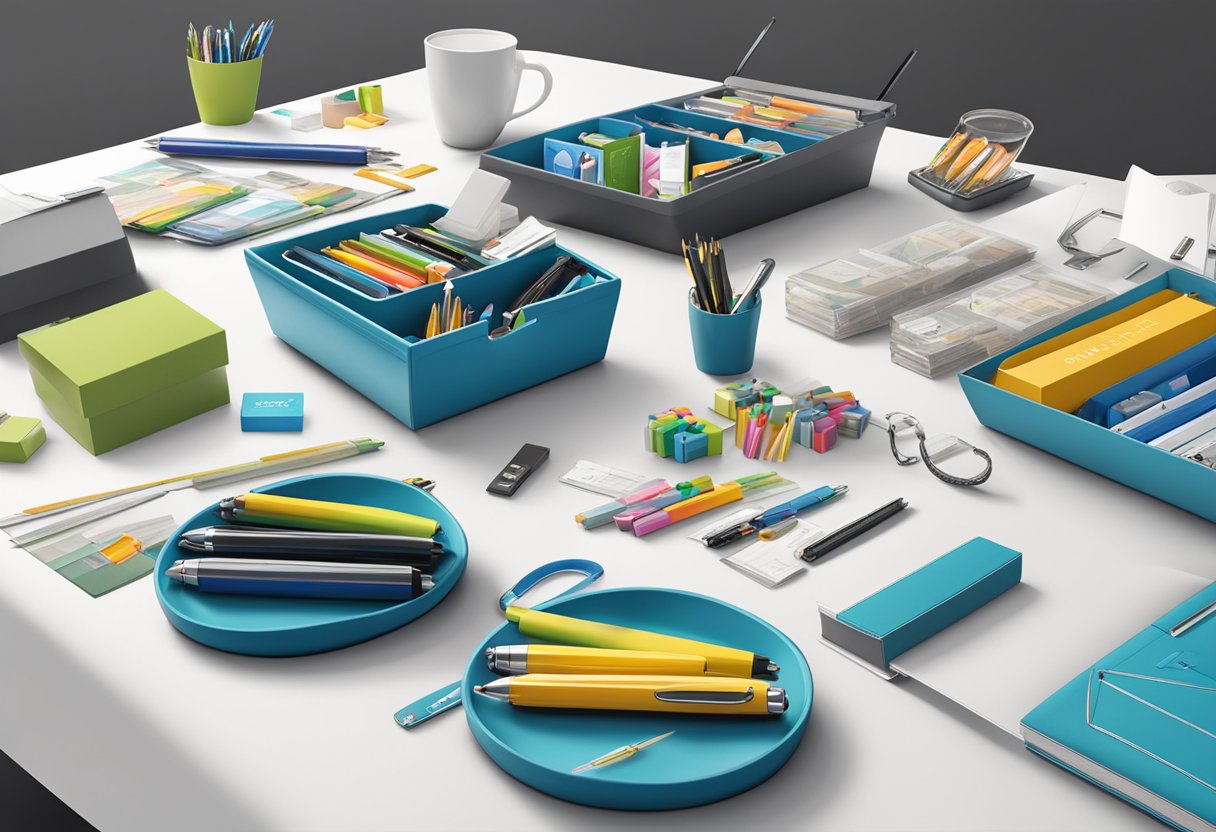A table covered in corporate gifts, with pens being customized and personalized with details