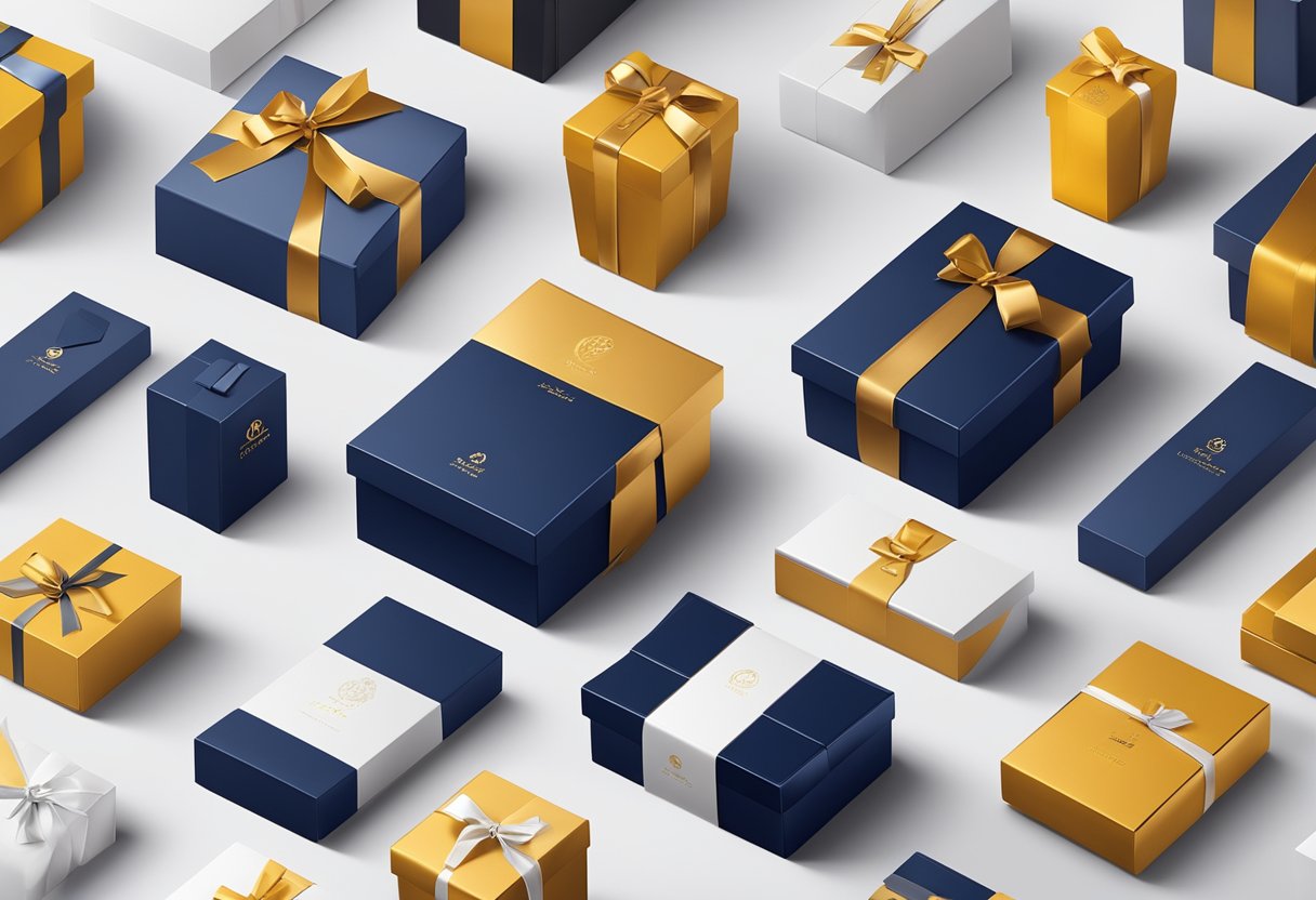 A vibrant display of unique and luxurious corporate gifts arranged on a sleek, modern table, with branded packaging and elegant ribbons
