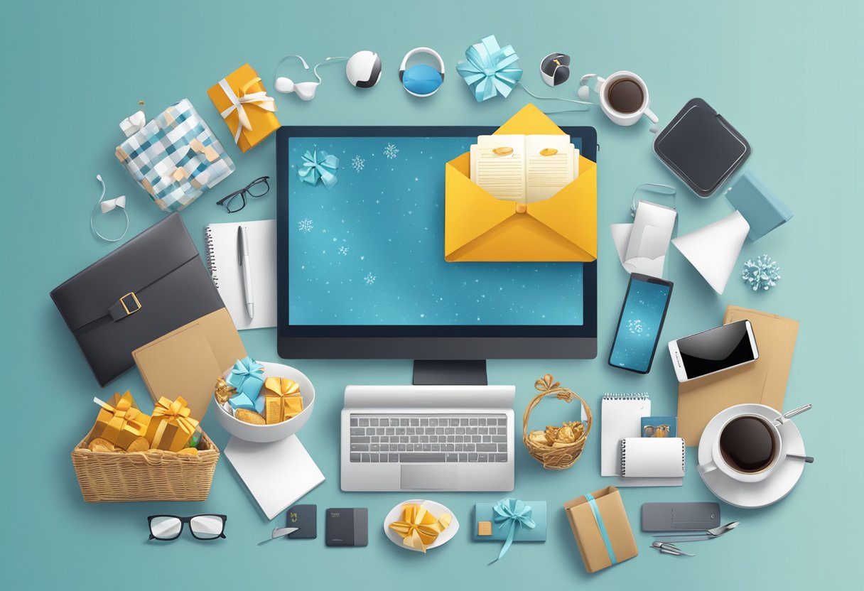 A table adorned with branded tech gadgets, gourmet food baskets, and elegant office accessories. A banner reads "Corporate Holiday Gifts for Employees."