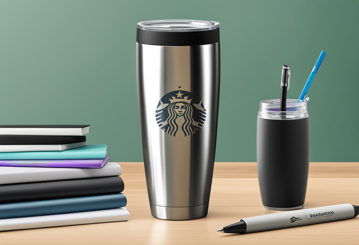 A sleek, stainless steel tumbler with a logo engraved on the front, sitting on a desk next to a stack of branded notebooks and a pen