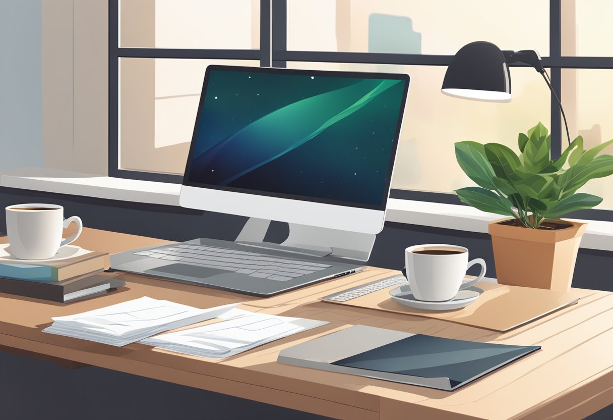 A laptop stand on a desk, with a laptop placed on top and a stack of papers next to it. A cup of coffee and a potted plant are also on the desk