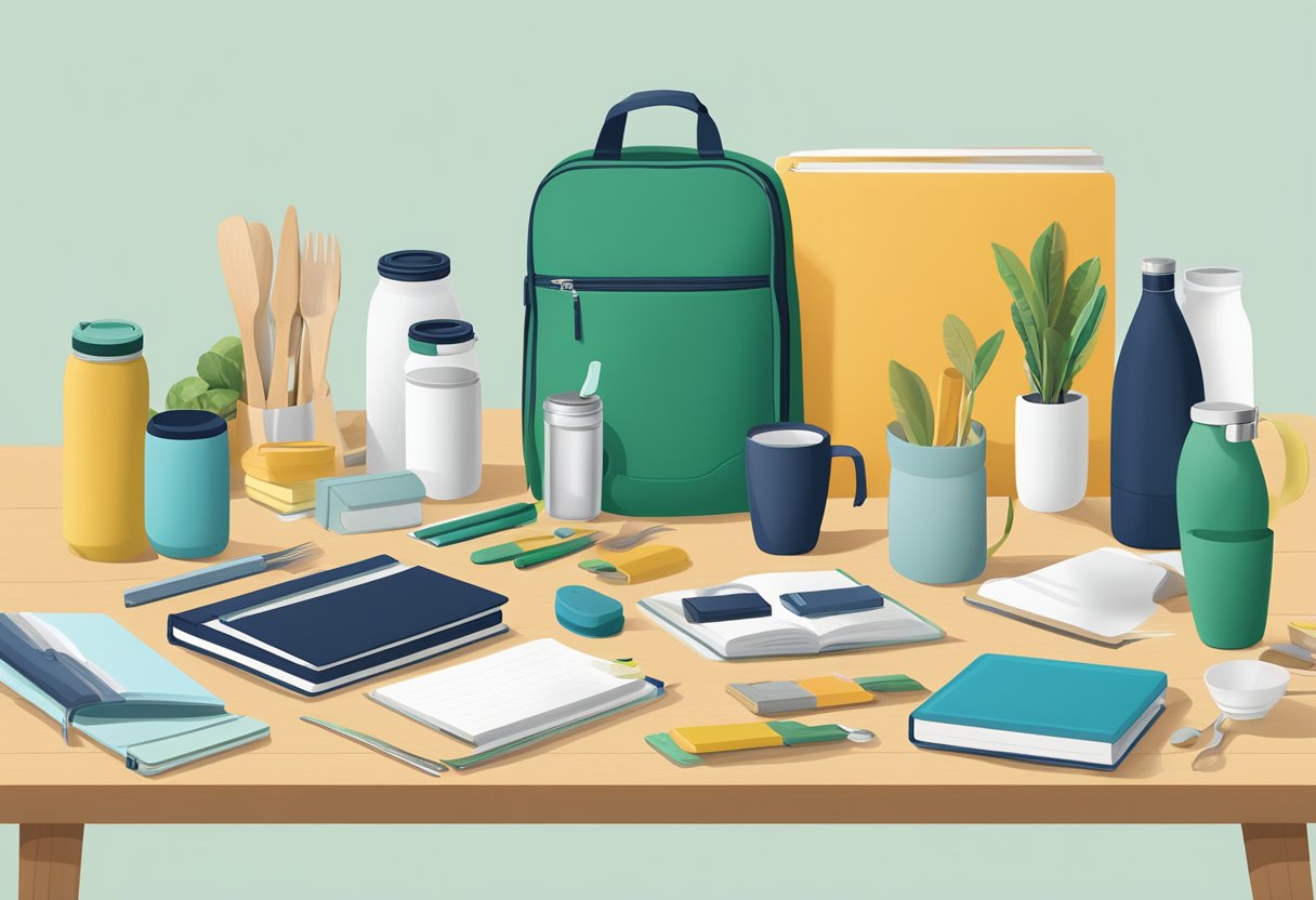 A table with a variety of sustainable corporate gift ideas, including reusable utensils, eco-friendly notebooks, and recycled glass water bottles