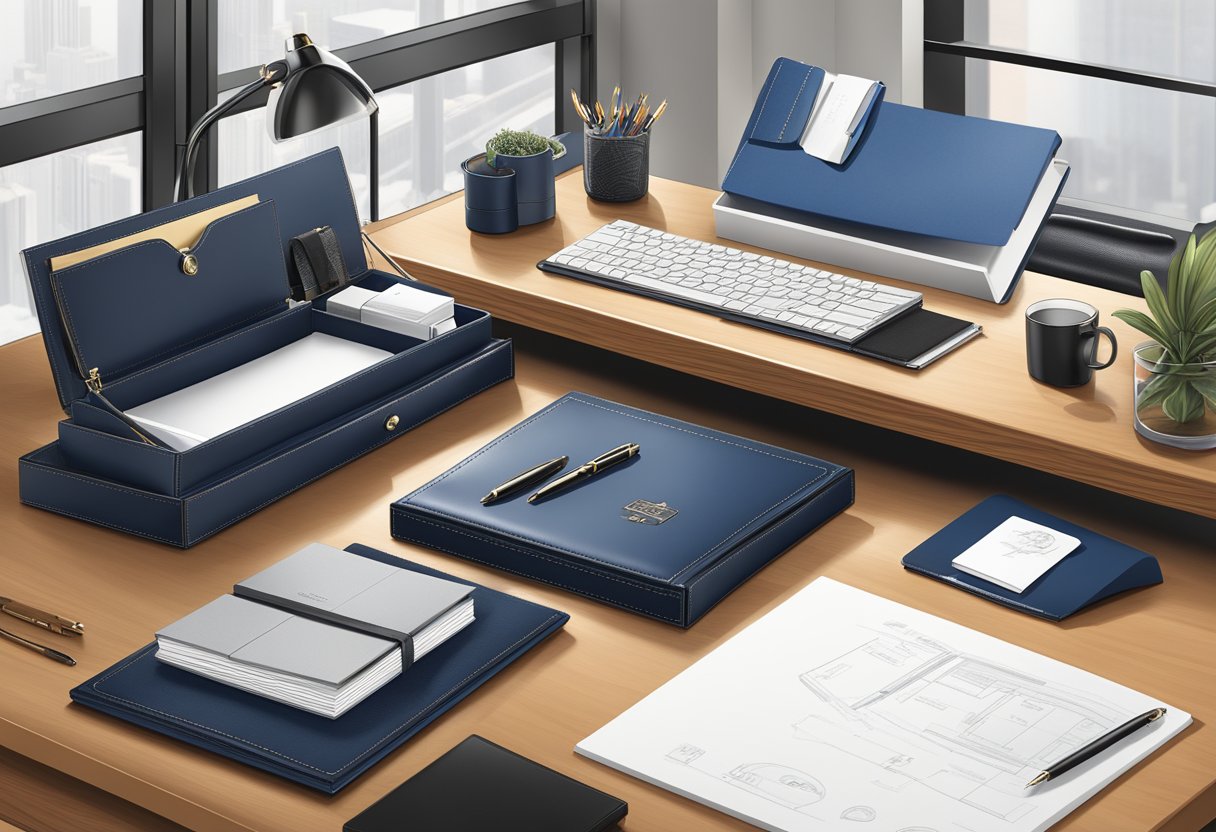 A sleek office desk with an array of elegant corporate gifts displayed, including luxury pens, custom-engraved plaques, and high-quality leather portfolios