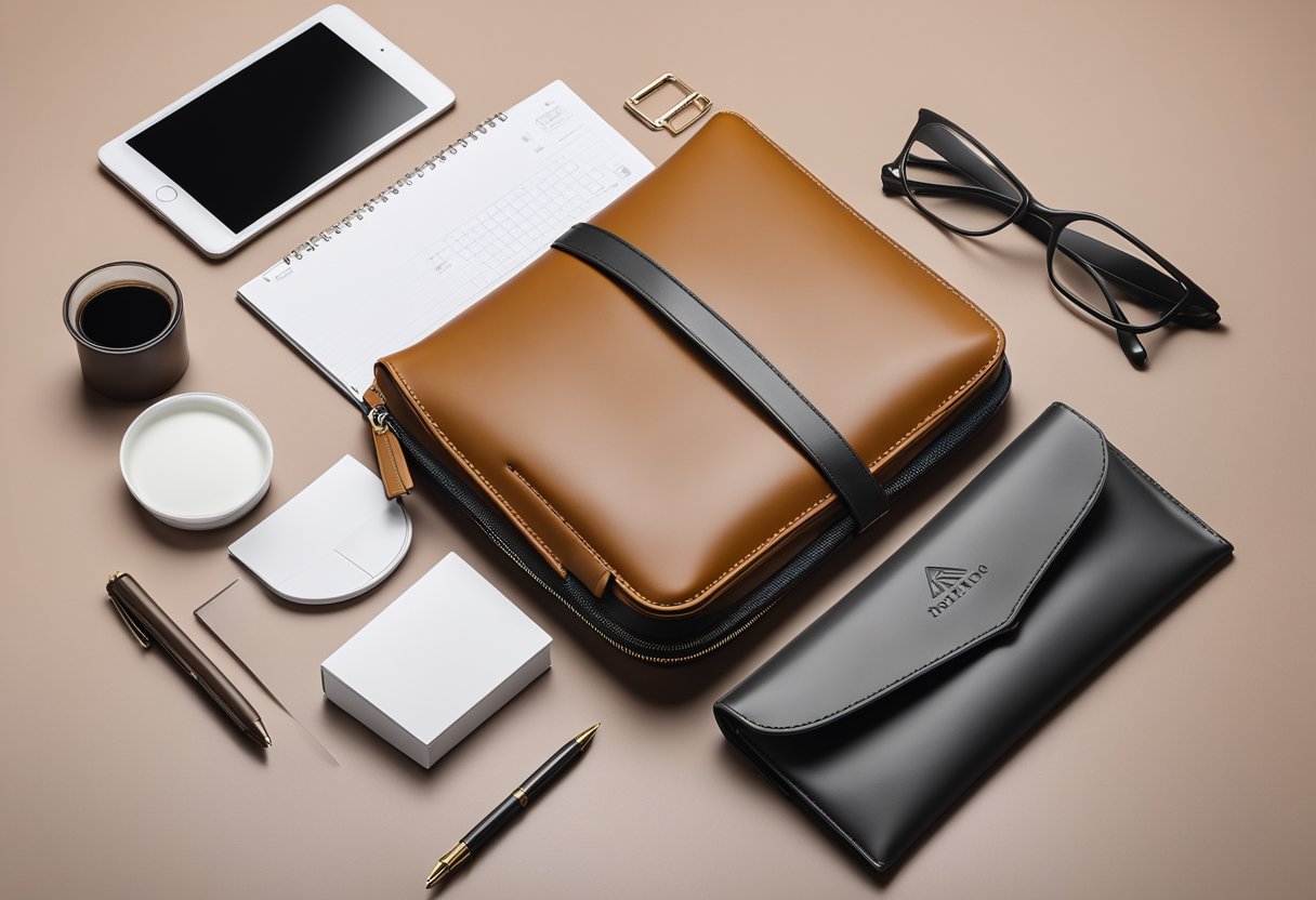 A sleek PU leather document pouch sits on a desk, surrounded by neatly arranged corporate gifts. The pouch is embossed with the company's logo