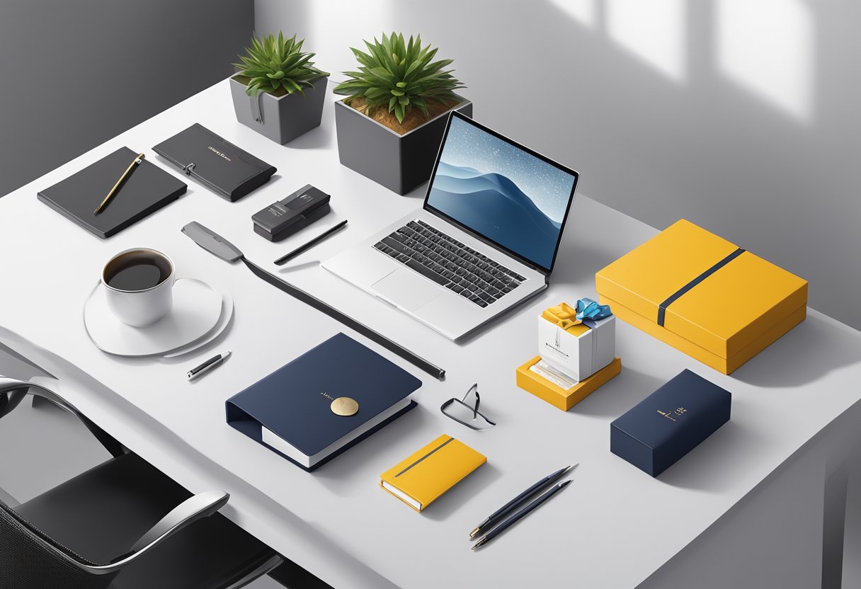 A sleek office desk adorned with unique, branded gifts and elegant packaging, showcasing thoughtful and strategic corporate gifting