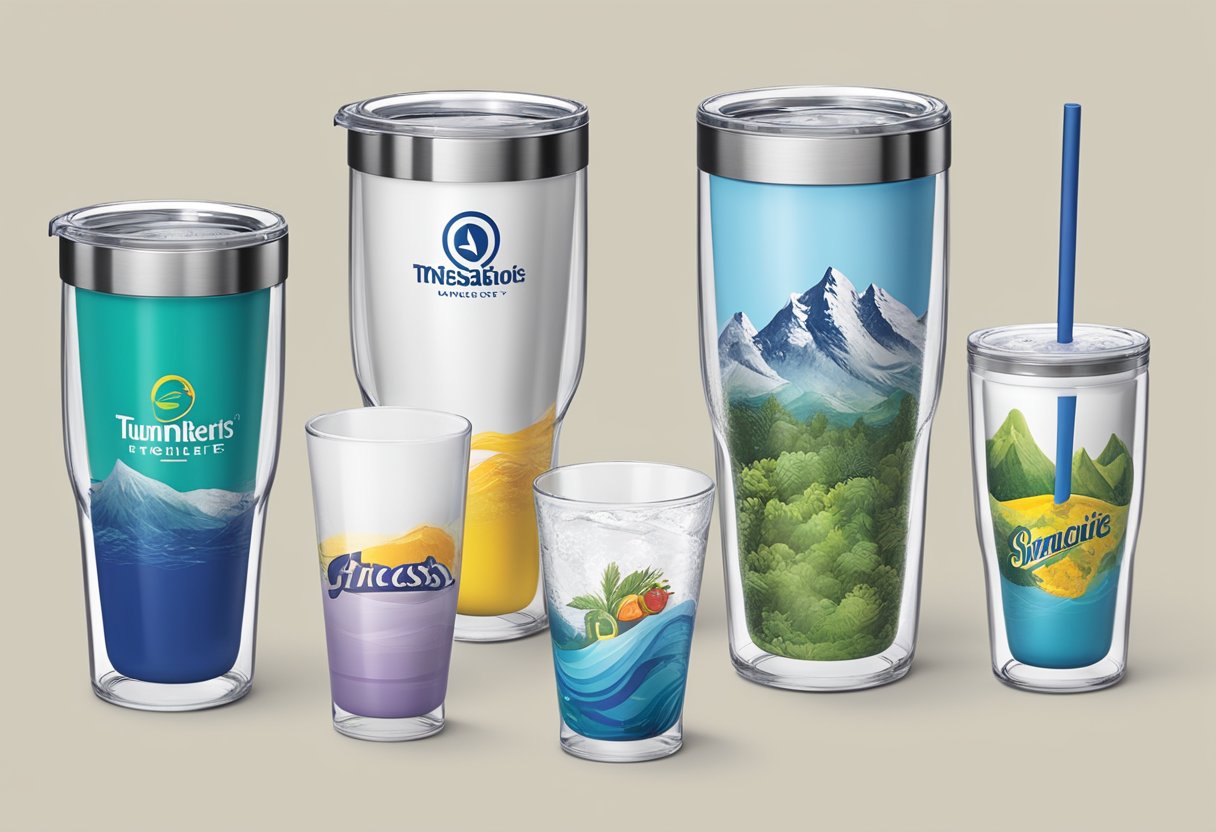 A table displaying various tumblers: glass, stainless steel, and plastic, each branded with different logos and designs