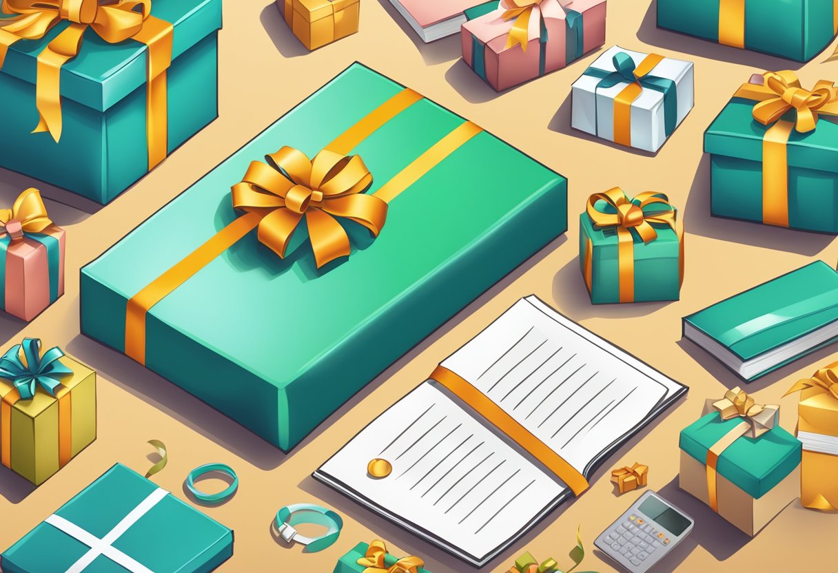 A table with various gift options, a company logo, and a sign reading "Frequently Asked Questions corporate holiday gifts for employees."