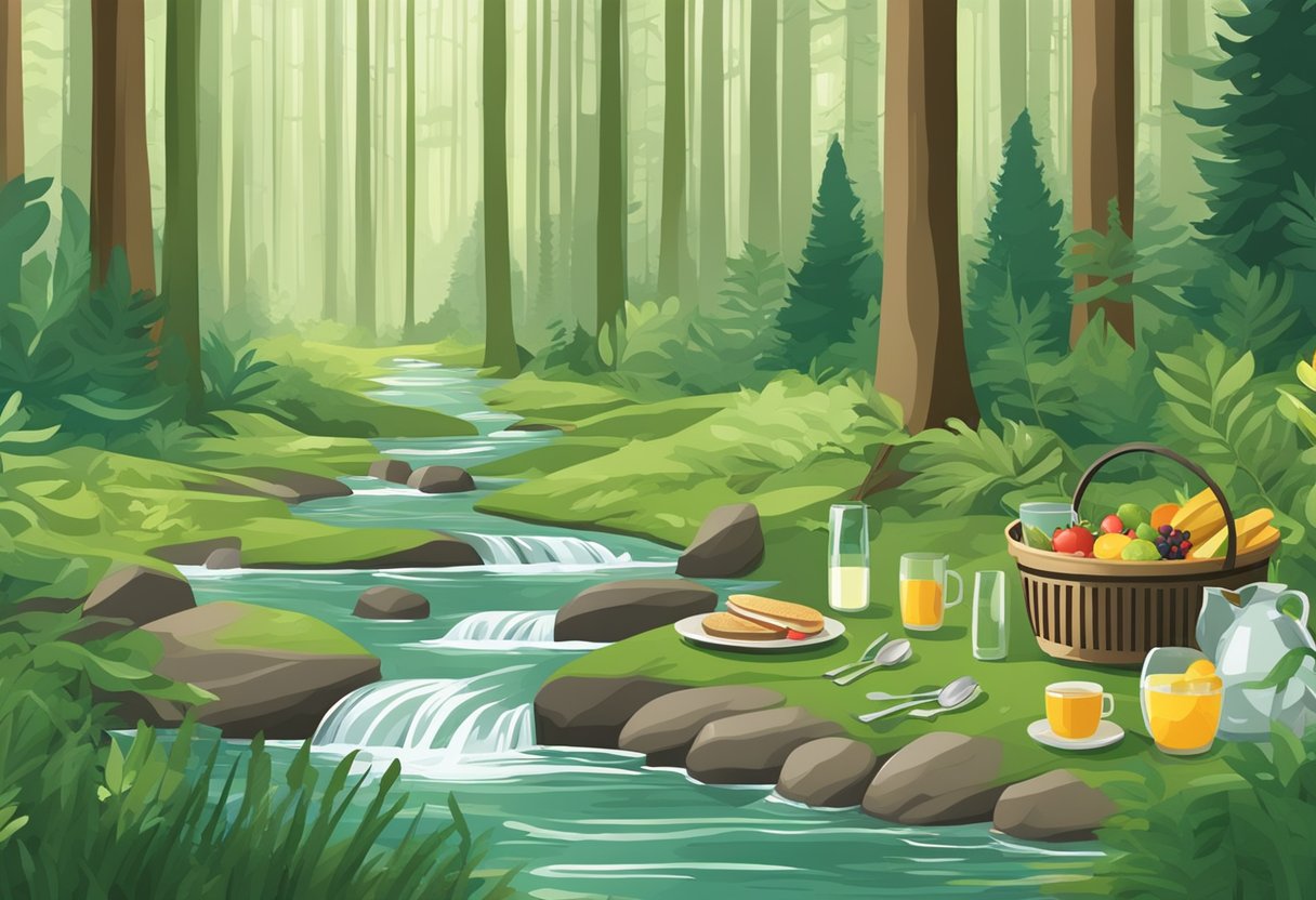 A lush green forest with a clear stream running through it, showcasing a variety of reusable utensils in use for a picnic or outdoor meal