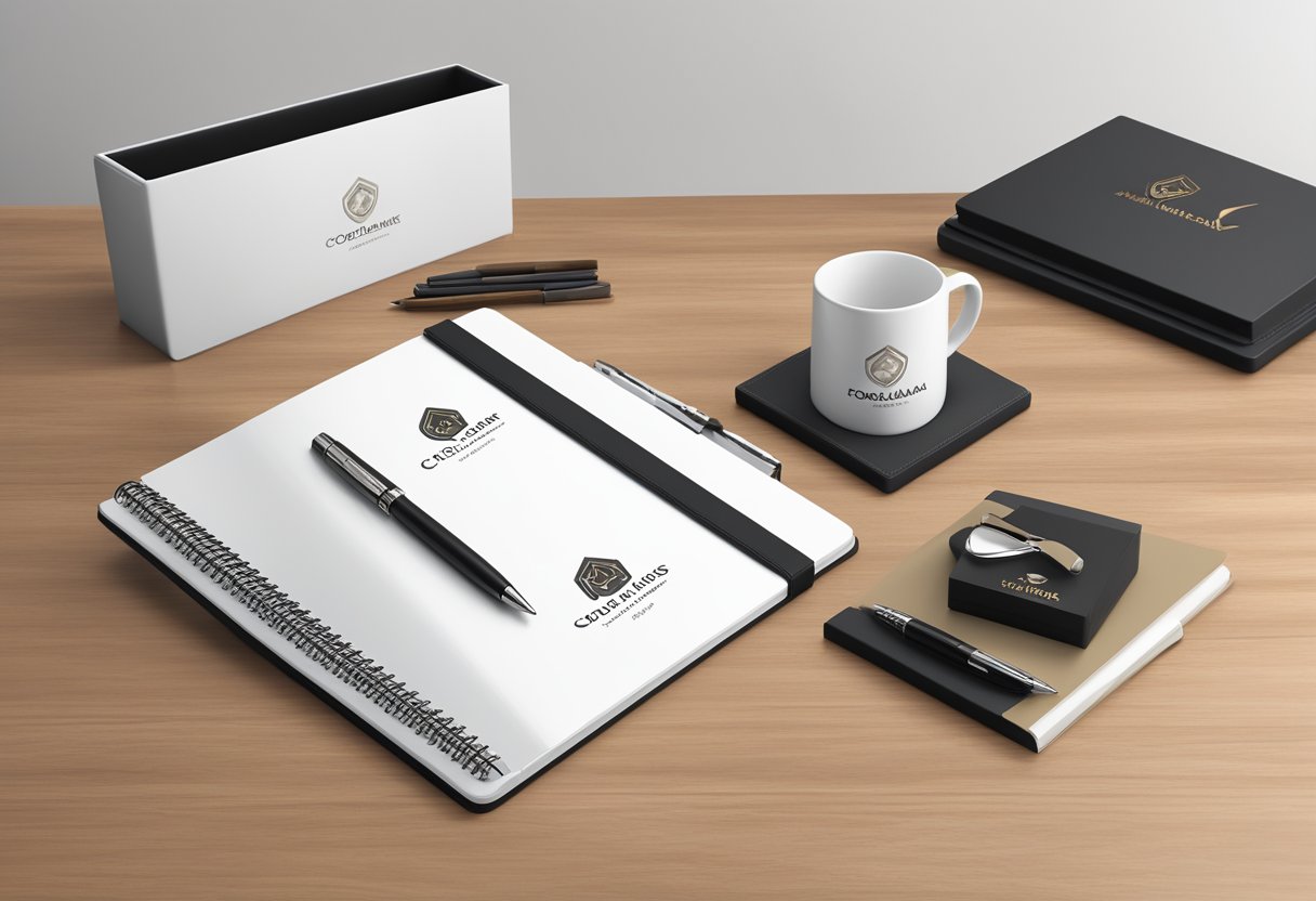 A table displays custom-engraved pens, notebooks, and mugs with company logos. A professional setting with branded gifts and elegant packaging