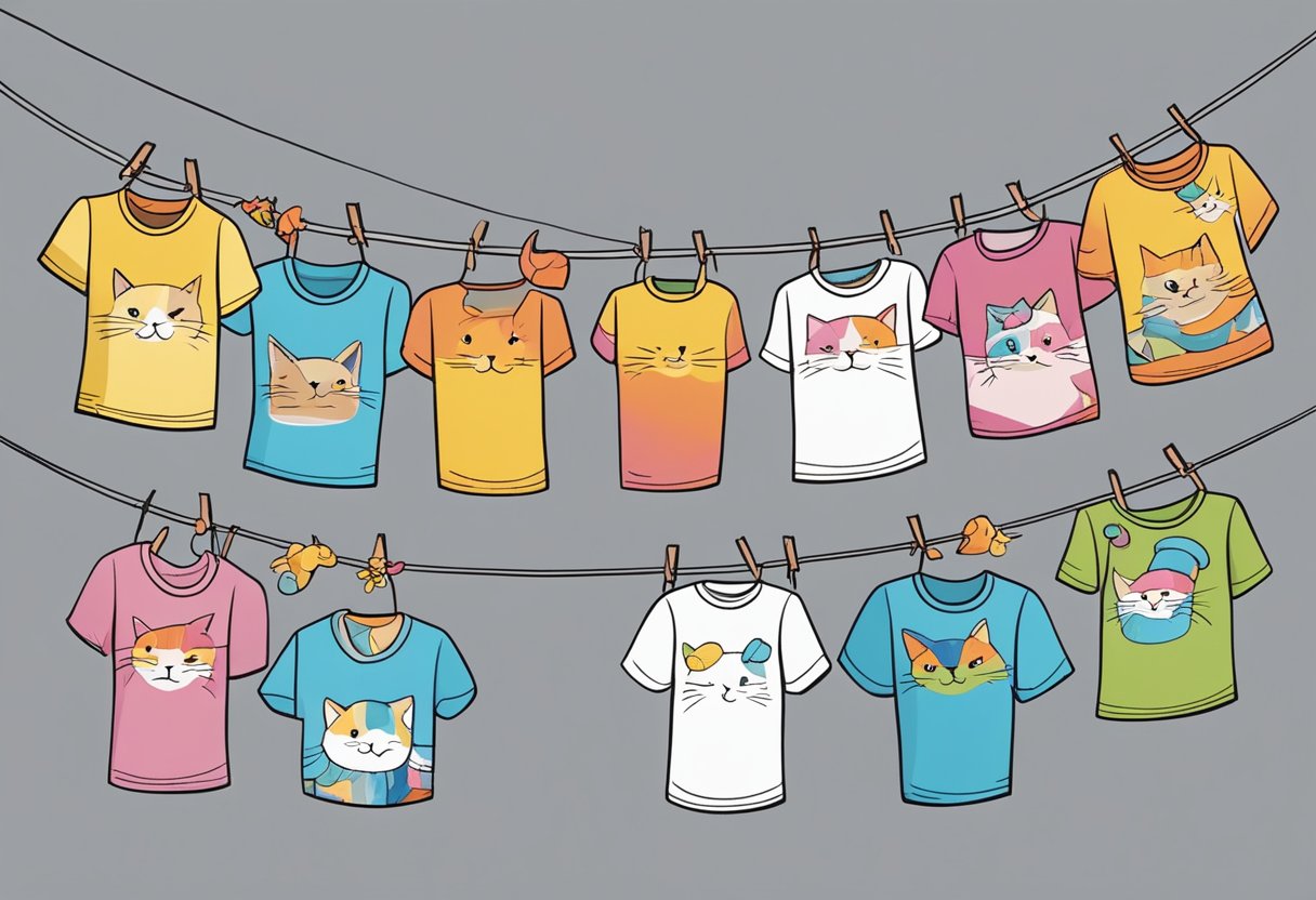 A group of colorful, cartoonish cat-themed shirts hanging on a clothesline, with playful and humorous designs