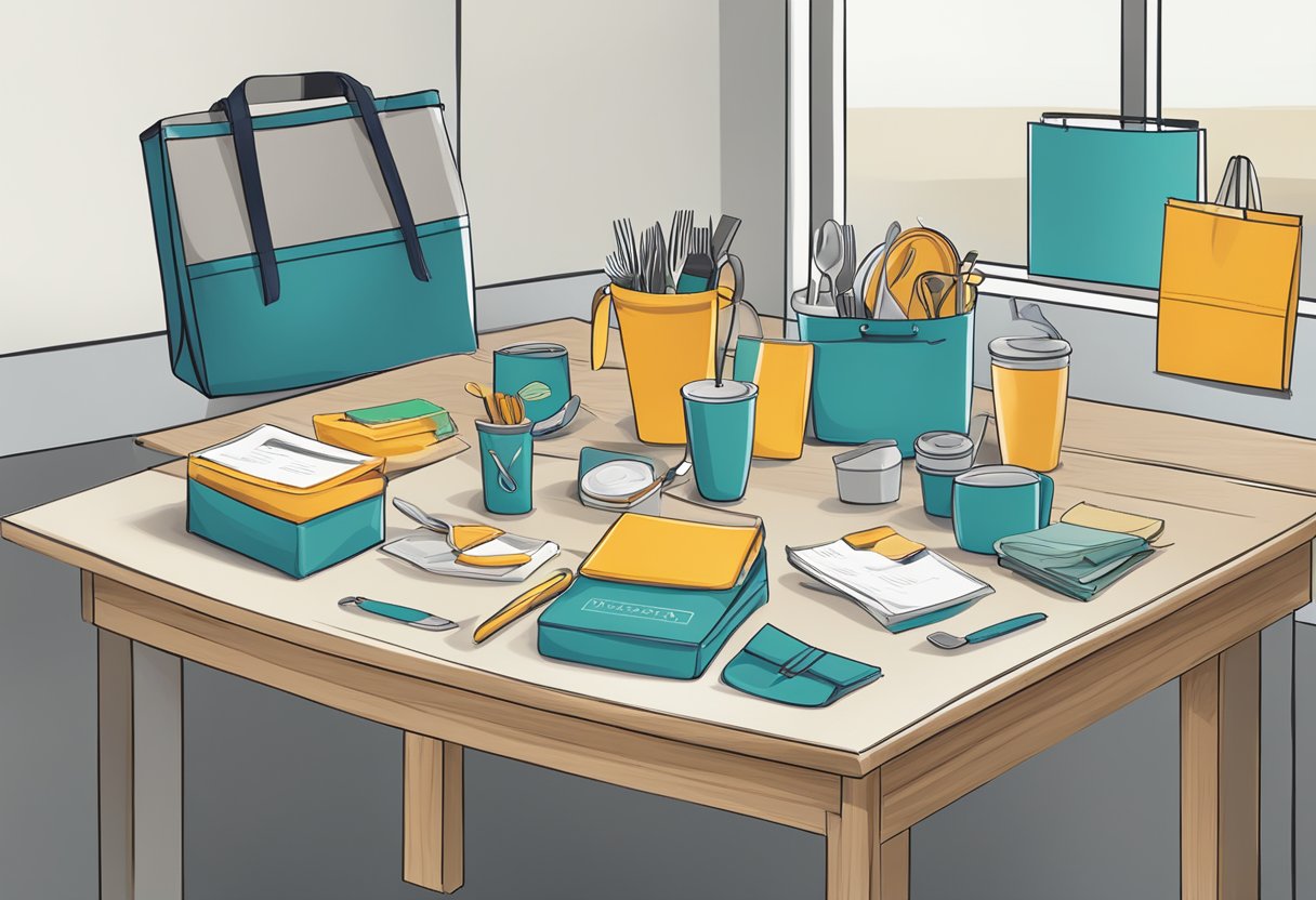 A table with various corporate gift items, including reusable utensils, displayed with a "Frequently Asked Questions" banner in the background