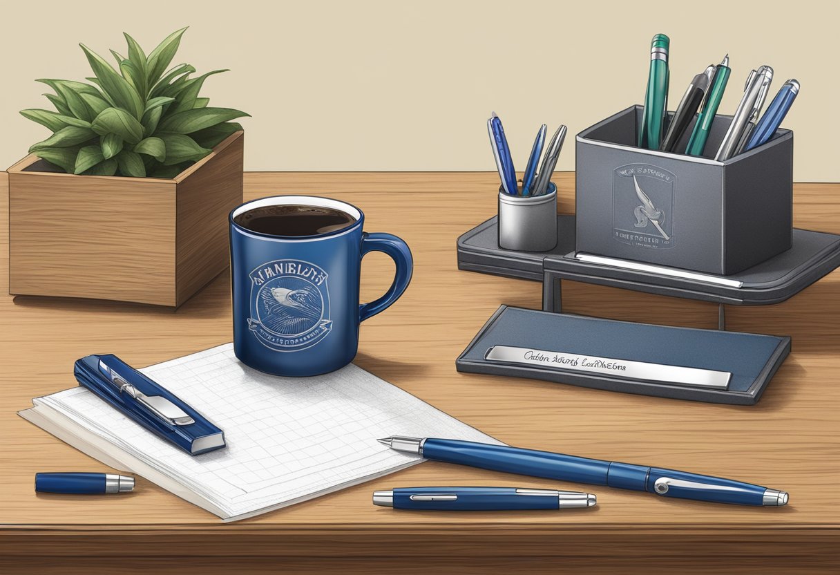 A desk with a personalized pen set, engraved nameplate, and custom logo mug