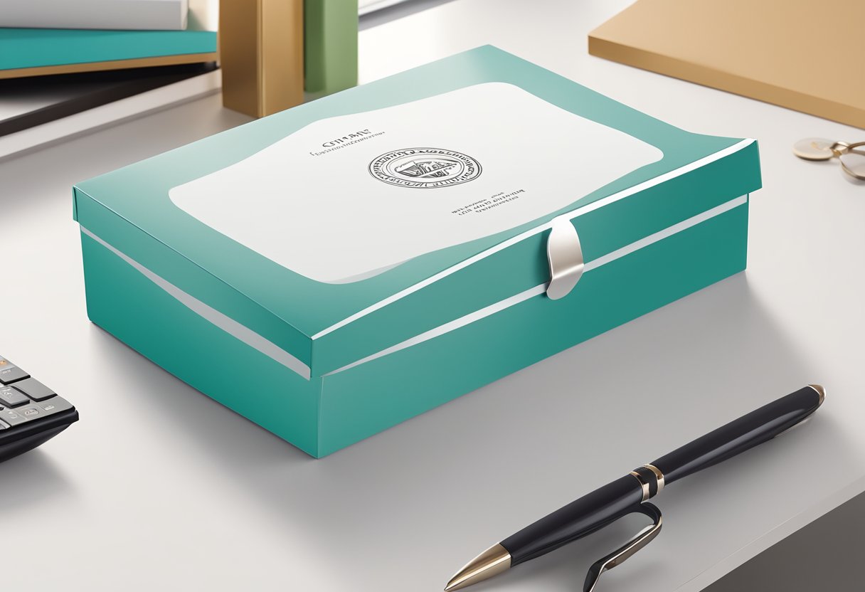 A corporate gift box with a custom logo, personalized message, and branded packaging sits on a sleek, modern desk