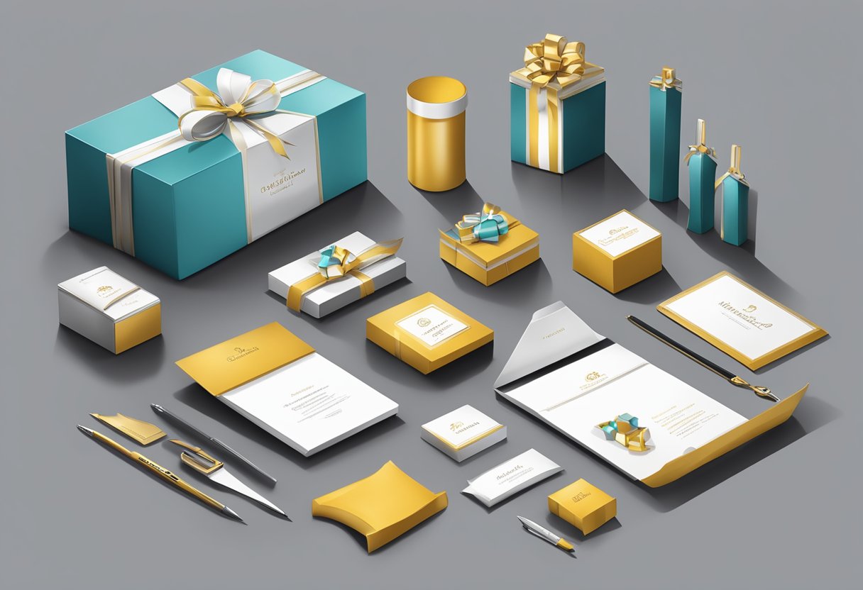 A table adorned with personalized corporate gifts, including branded items and elegant packaging, arranged for a professional and thoughtful presentation