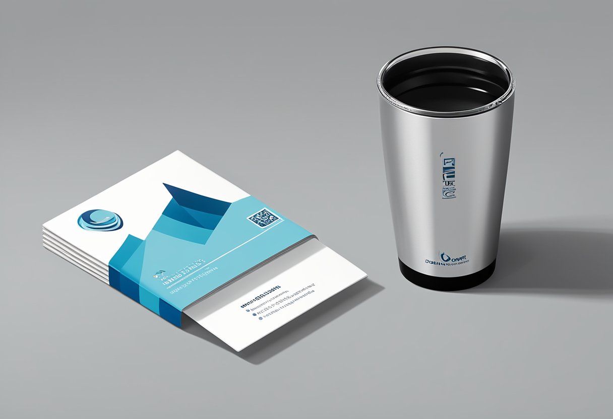 A sleek, modern tumbler sits on a desk, adorned with the company's logo. A stack of FAQ cards and a ribbon add a touch of sophistication