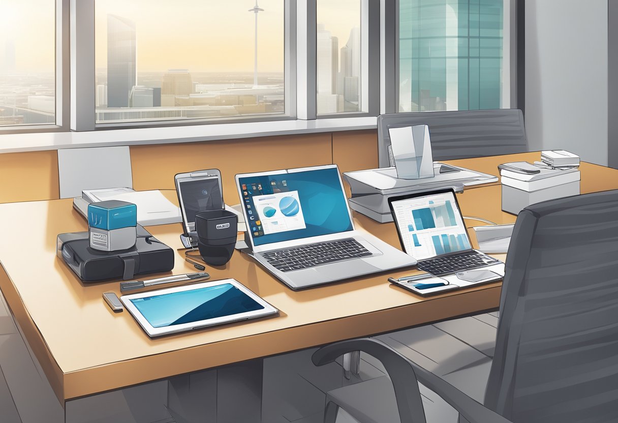 A table with various corporate gifts, including a universal travel adaptor, displayed in front of a sleek, modern office backdrop
