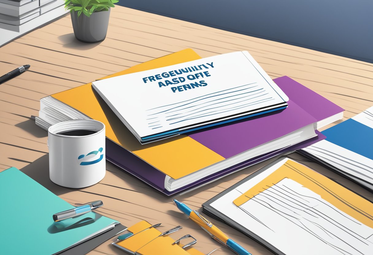 A table with branded pens, a stack of pamphlets, and a sign reading "Frequently Asked Questions corporate gifts pens" in a modern office setting