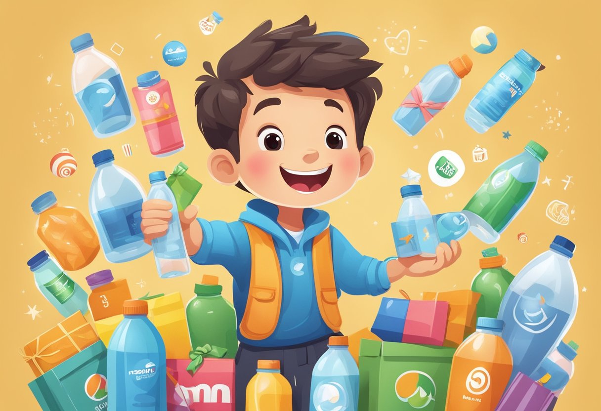 A kid happily holding a branded water bottle, surrounded by corporate logos and gift packaging