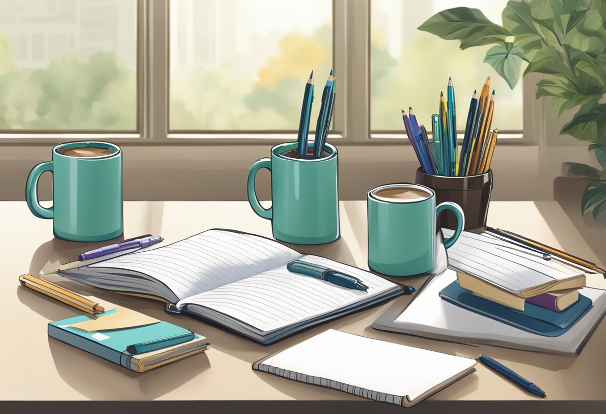 A table with branded mugs, notebooks, and pens. A banner reads "Thank you for your hard work." Colleagues smile and chat