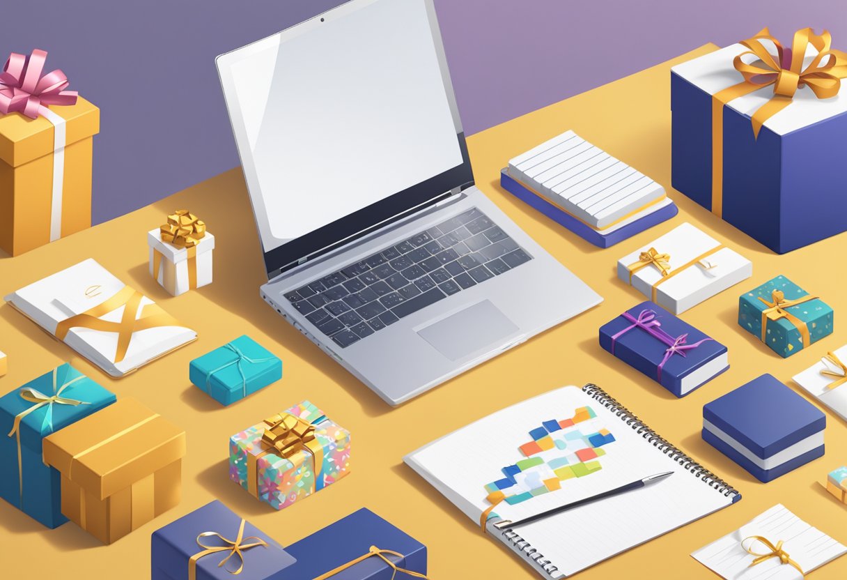 A table with branded gift items, a laptop displaying FAQs, and a stack of personalized gift boxes