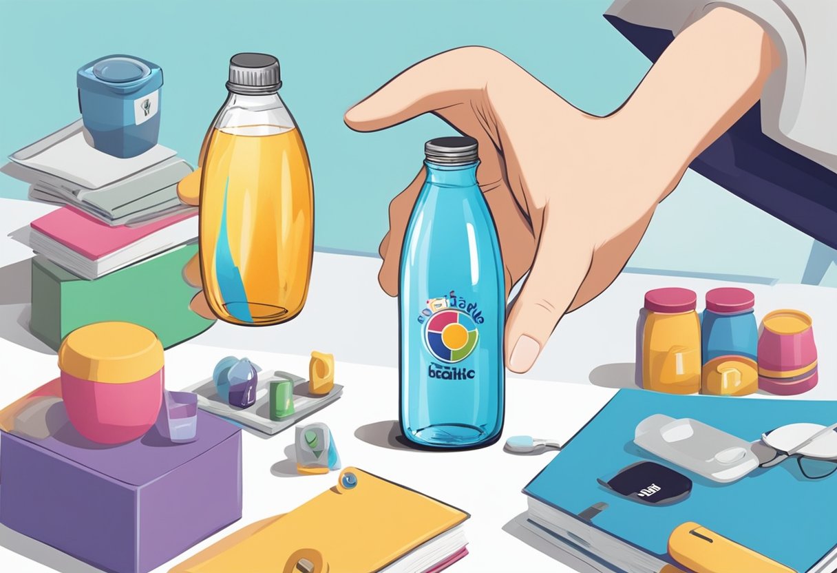 A hand reaching for a colorful kid water bottle with a corporate logo, surrounded by other branded merchandise on a table