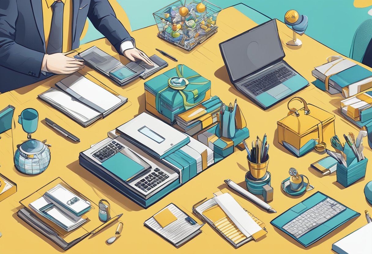 A table with various unique corporate gifts displayed, surrounded by curious onlookers