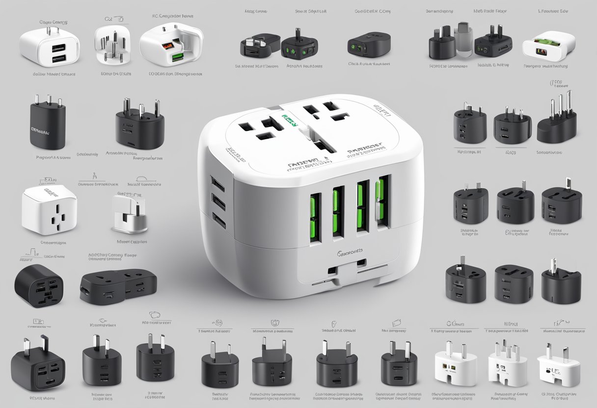 A sleek, compact universal travel adaptor with multiple plug options, customizable with company branding and features such as USB ports and surge protection