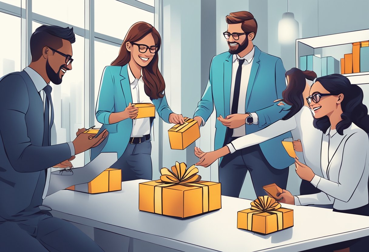 A group of professionals exchanging branded gifts in a modern office setting, with a focus on teamwork and collaboration