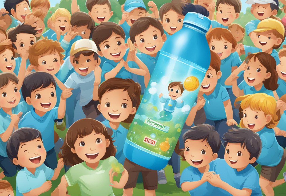 A child's water bottle with company logo, surrounded by happy children engaging with the brand