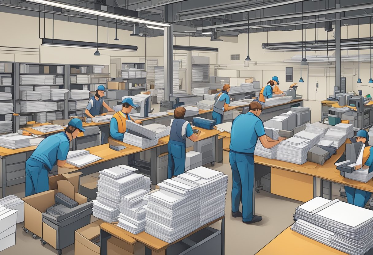 A busy letterhead supplier's workshop with stacks of paper, printing presses, and a team of workers packaging and organizing orders