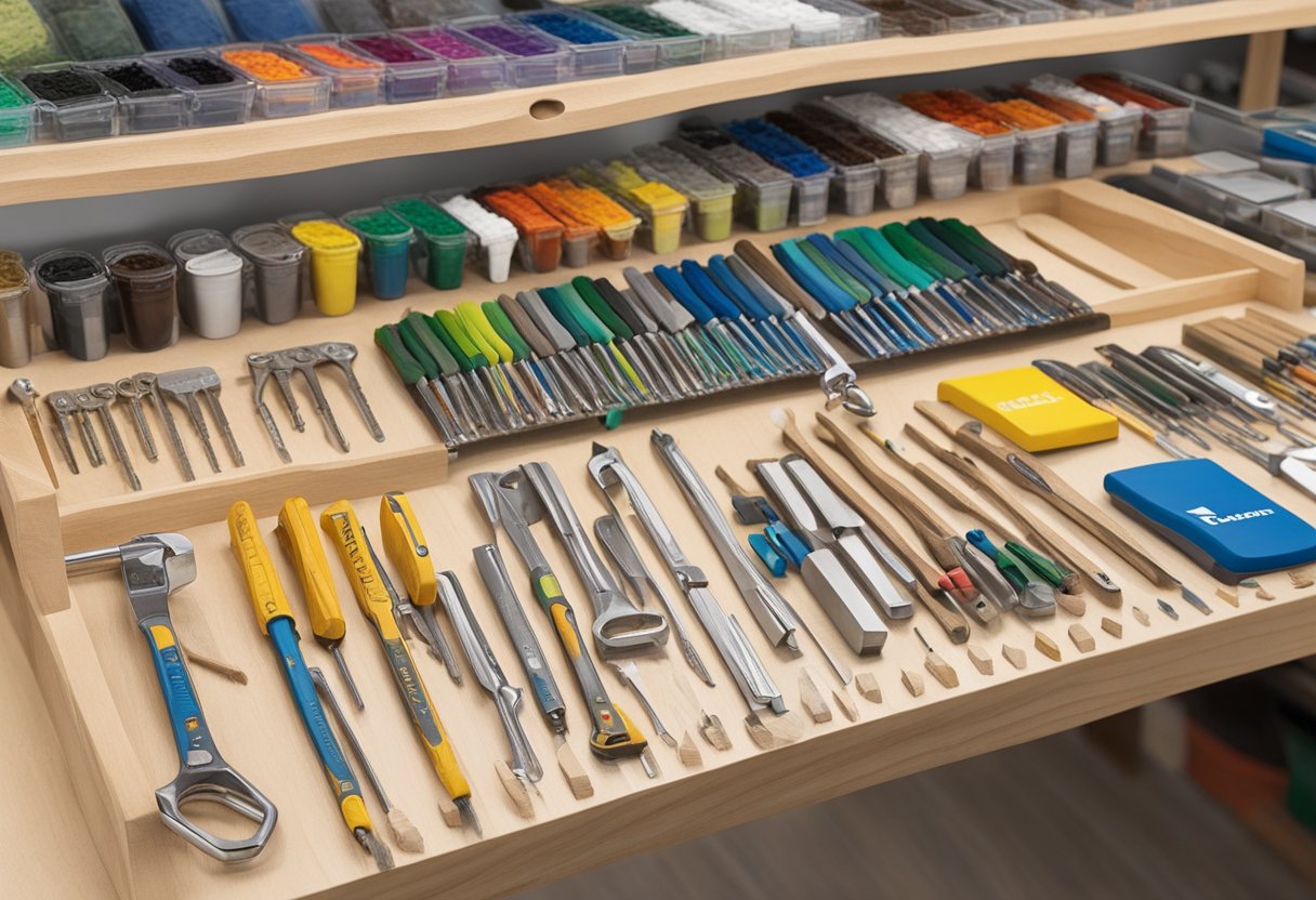 A table with branded tool sets, custom engraved hammers, and paint swatch keychains. Wall art displays before and after renovation photos