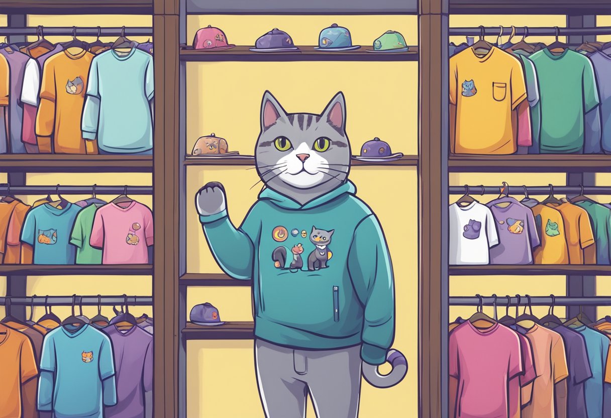 A cat standing in front of a rack of colorful, funny cat-themed shirts, reaching out with its paw to select the perfect one