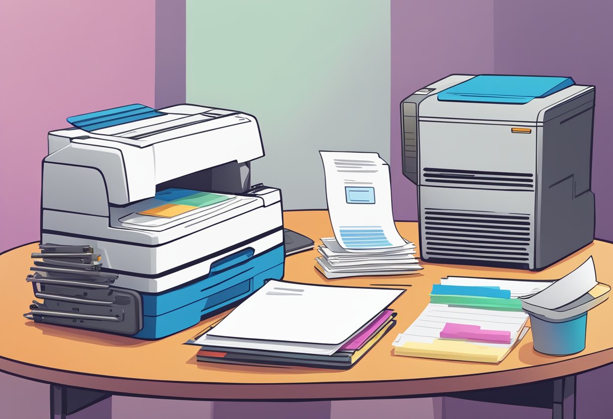 A stack of letterhead paper sits neatly on a desk, next to a row of colorful ink cartridges and a printer ready to create professional documents