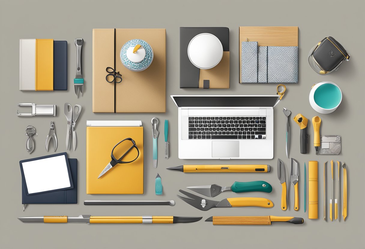 A table displaying a variety of stylish corporate gifts, including custom-branded tools, elegant home decor items, and personalized renovation-themed accessories