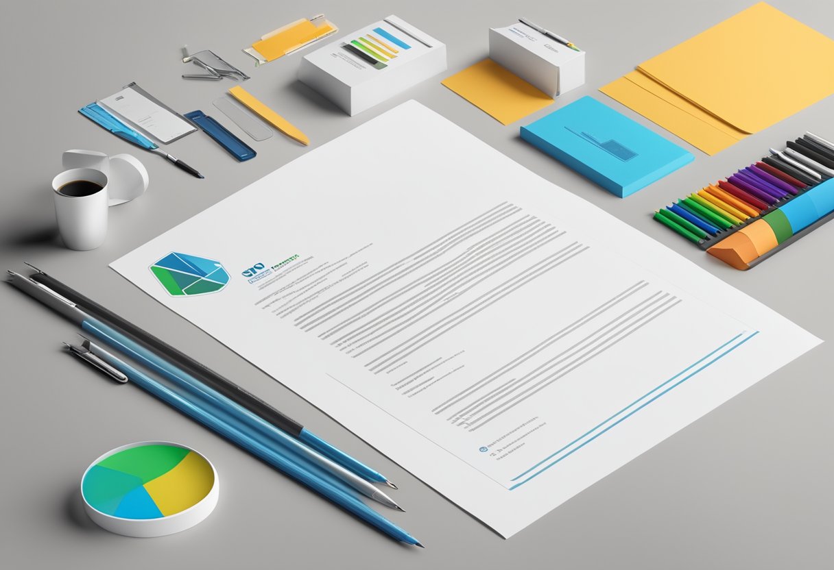 A stack of letterhead paper with a company logo on top, surrounded by various printing and customization tools